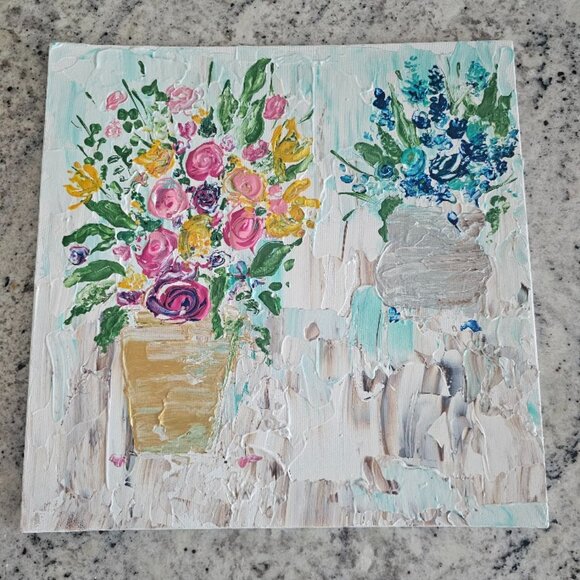 Hand Crafted Other - 12" x 12" Oil Painting on Canvas Panel Flowers in Vases Planters Floral Unsigned